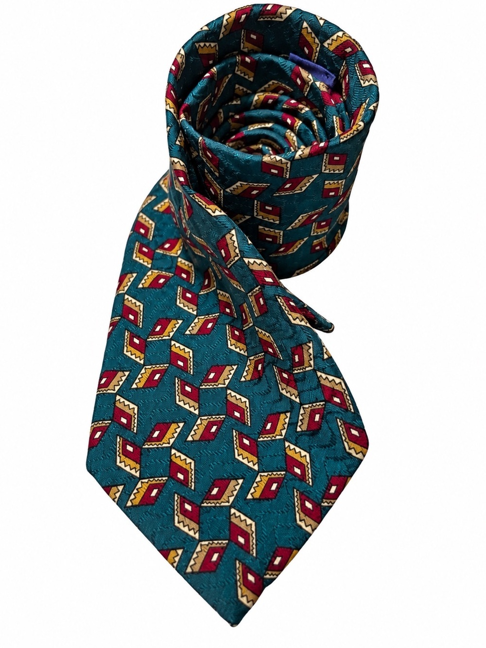 Vintage Chaps Ralph Lauren Silk Tie Teal Geometric Diamond Print Necktie